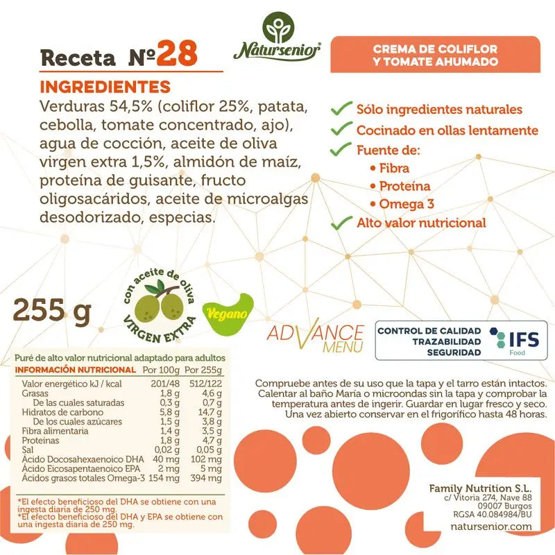 Natursenior Crema De Verduras Adultos Coliflor Y Tomate Ahumado Con Omega 3 Dha, Prebióticos Y Proteínas. , 255 gr