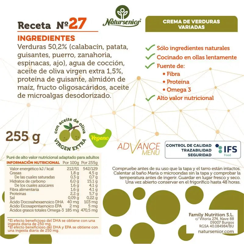 Natursenior Crema De Verduras Adultos Verduras Variadas Con Omega 3 Dha, Prebióticos Y Proteínas. , 255 gr