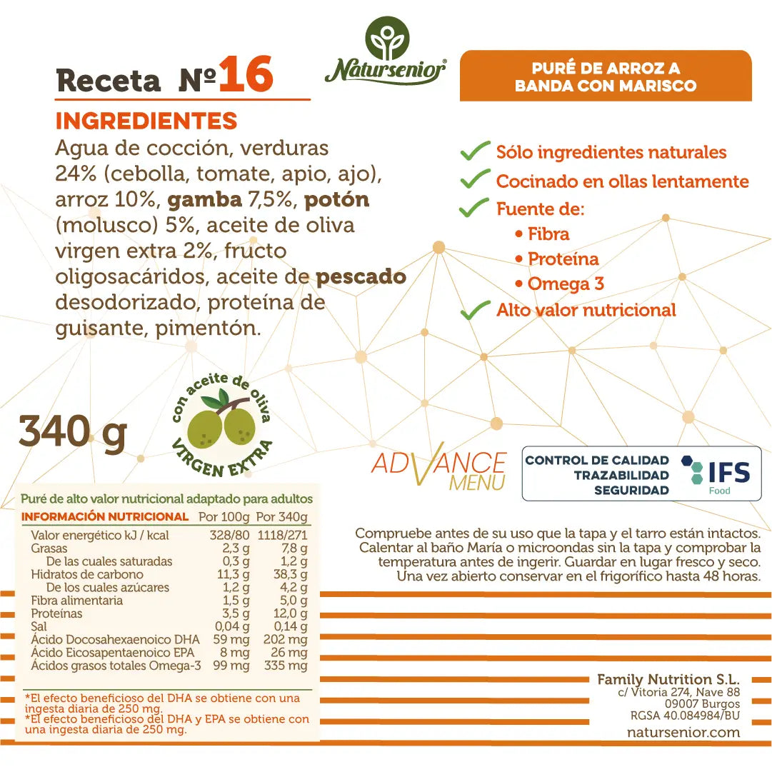 Natursenior Puré Adultos Arroz A Banda Con Marisco Con Omega 3 Dha+Epa, Prebióticos Y Proteínas. , 340 gr