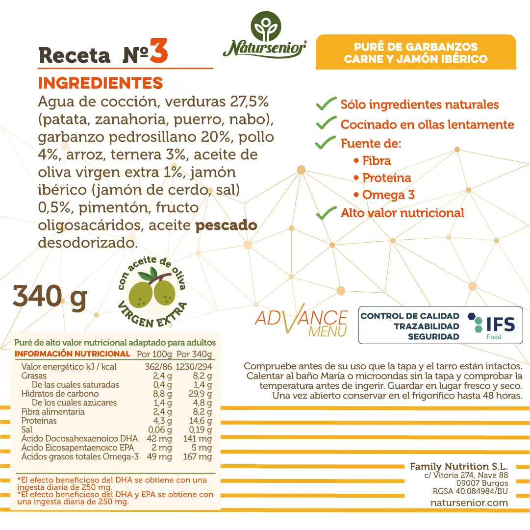 Natursenior Puré Adultos Garbanzos Con Carne Y Jamón Ibérico Con Omega 3 Dha+Epa, Prebióticos Y Proteínas. , 340 gr