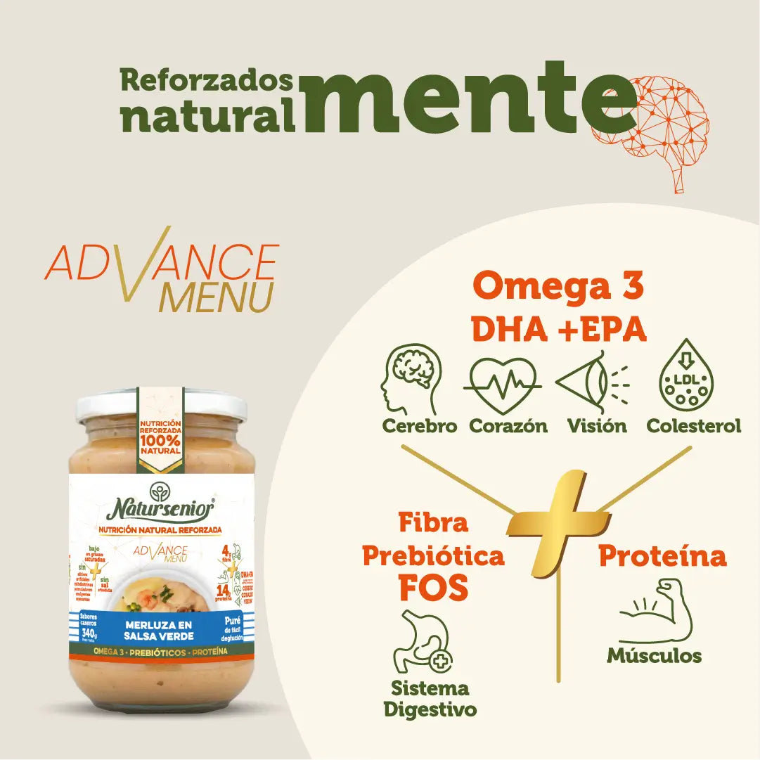 Natursenior Puré Adultos Merluza En Salsa Verde Reforzado Con Omega 3 Dha+Epa, Prebióticos Y Proteínas. , 340 gr