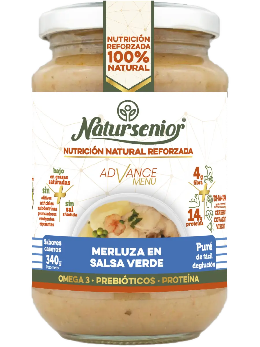 Natursenior Puré Adultos Merluza En Salsa Verde Reforzado Con Omega 3 Dha+Epa, Prebióticos Y Proteínas. , 340 gr