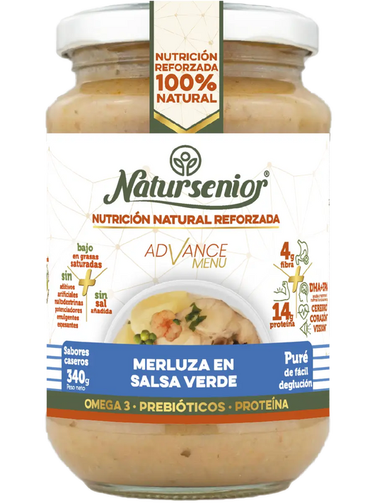 Natursenior Puré Adultos Merluza En Salsa Verde Reforzado Con Omega 3 Dha+Epa, Prebióticos Y Proteínas. , 340 gr