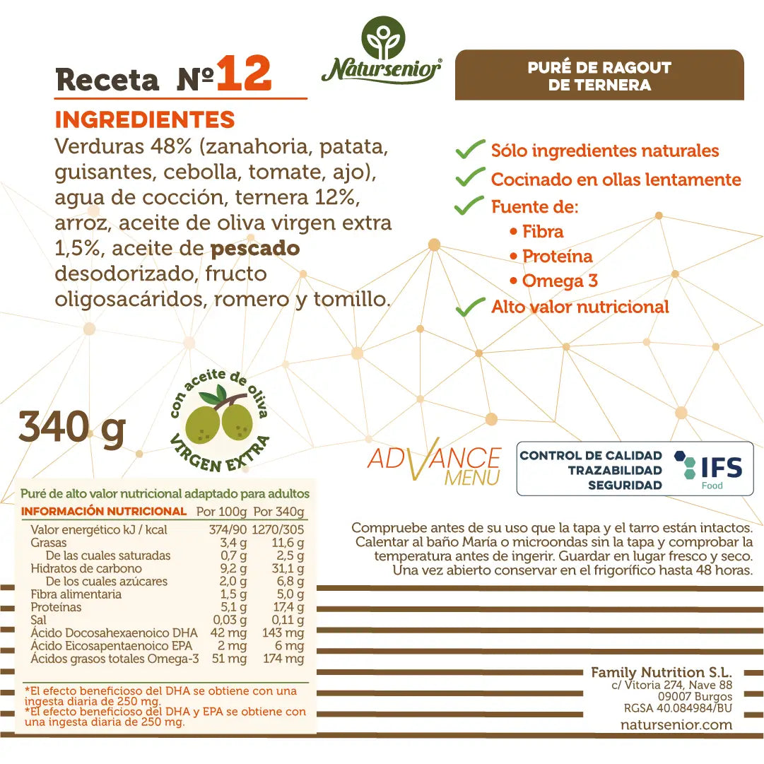 Natursenior Puré Adultos Ragout De Ternera Con Omega 3 Dha+Epa, Prebióticos Y Proteínas. , 340 gr