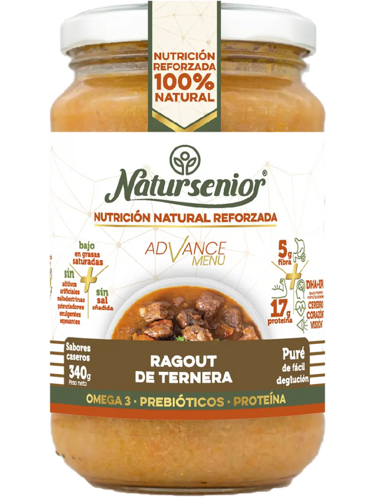 Natursenior Puré Adultos Ragout De Ternera Con Omega 3 Dha+Epa, Prebióticos Y Proteínas. , 340 gr