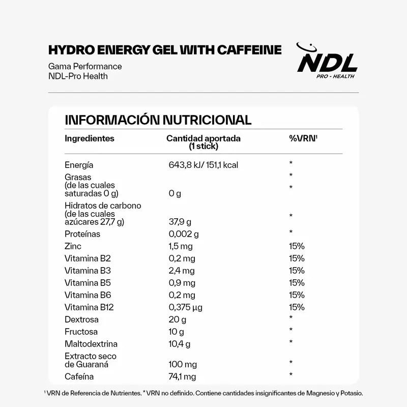 NDL Pro-Health Gel Energético Con Cafeína Sabor Cola, Pack 12x60 gr