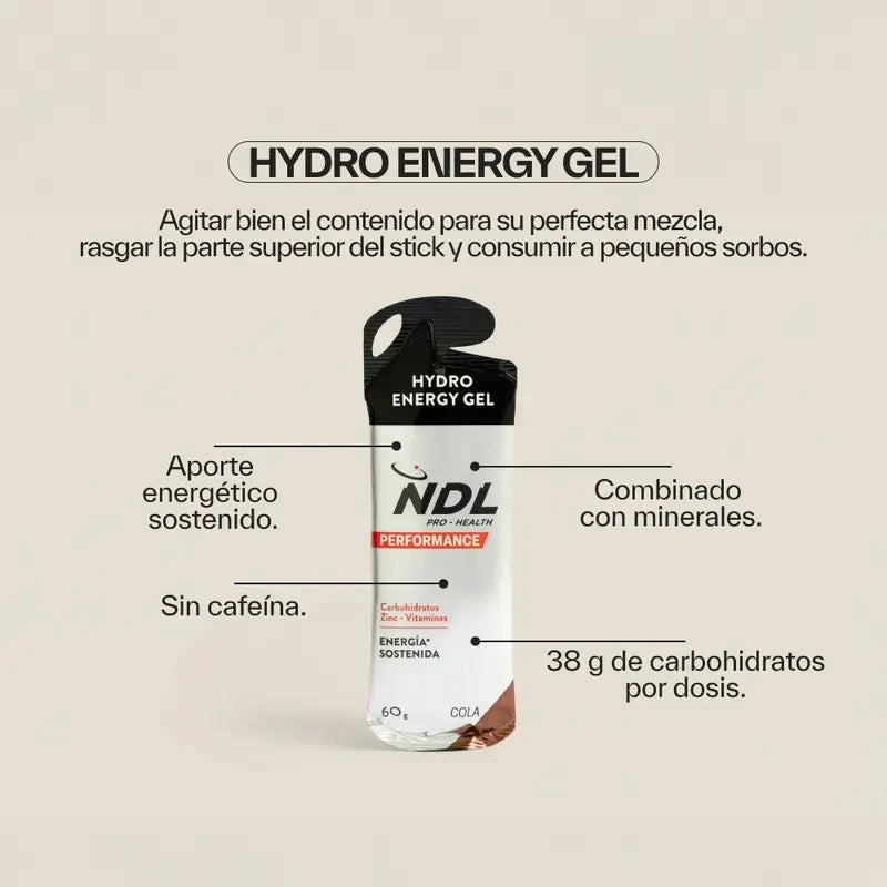 NDL Pro-Health Gel Energético Sin Cafeína sabor Cola, pack de 12x60 gr