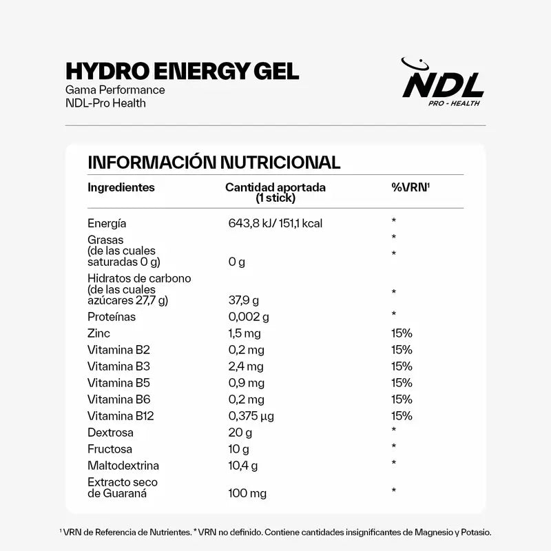 NDL Pro-Health Gel Energético Sin Cafeína sabor Cola, pack de 12x60 gr