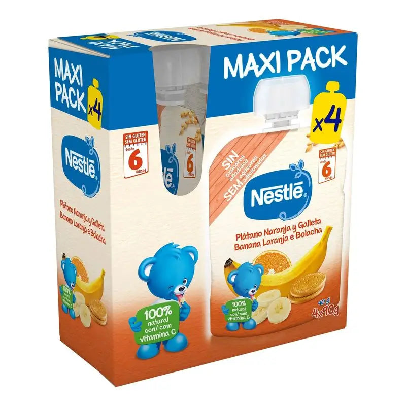 Nestlé Puré Bolsita Plátano, Naranja y Galleta, 4X90 gr