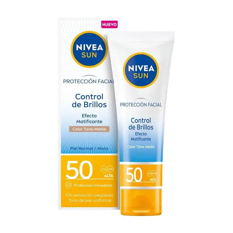 Nivea Sun Protección Facial Uv Control De Brillos Con Color Tono Medio, 50 ml