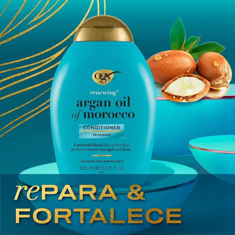 OGX Acondicionador sin Sulfatos para Pelo Dañado, Aceite de Argán de Marruecos, Alisa y Fortalece, 385 ml