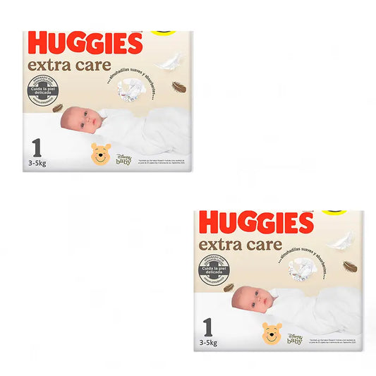 Pack 2 x Huggies Extra Care Pañal para Bebé Recién Nacido Talla 1 (3-5KG), 56 Unidades