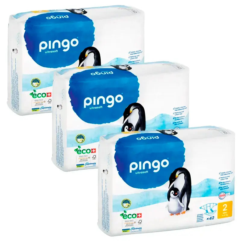 Pingo Pack 3X Pañal Ecológico Talla 2 Mini, 126 Unidades