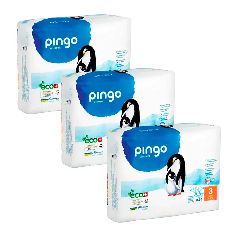 Pingo Pack 3X Pañal Ecológico Talla 3 Midi, 132 Unidades