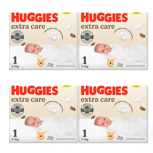 Huggies Pack 4X Pañal Extra Care Talla 1 (3-5Kg), 112 Unidades