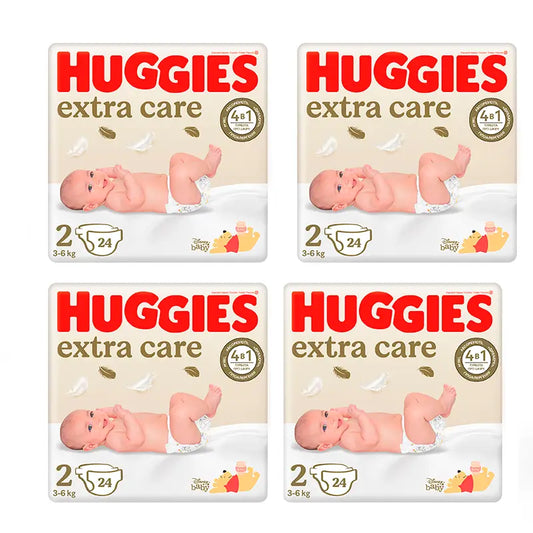 Huggies Pack 4X Pañal Extra Care Talla 2 (4-6Kg), 96 Unidades