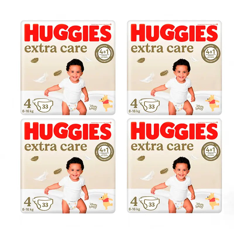 Huggies Pack 4X Pañal Extra Care Talla 4 (8-14Kg), 132 Unidades