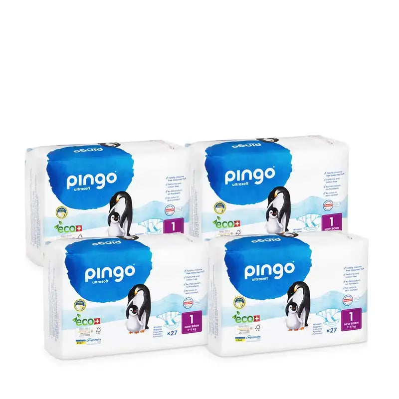 Pingo Pack 4X Pañal Ecológico Talla 1 New Born, 108 Unidades