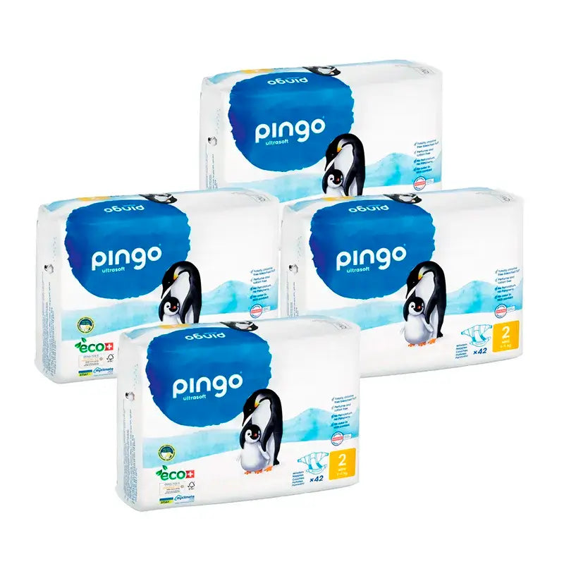 Pingo Pack 4X Pañal Ecológico Talla 2 Mini, 168 Unidades