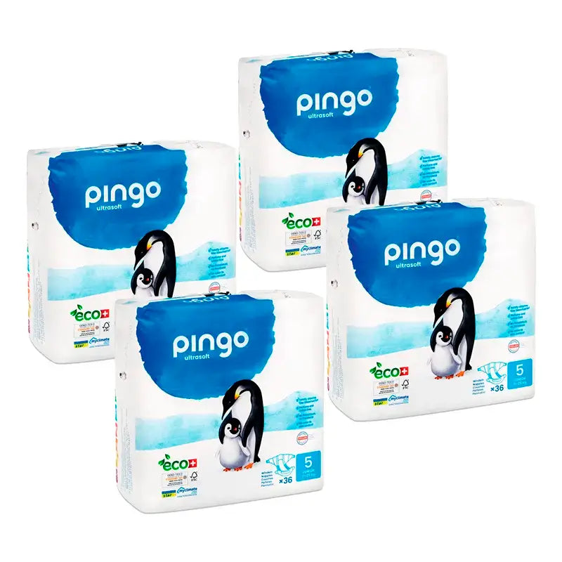 Pingo Pack 4X Pañal Ecológico Talla 5 Junior, 144 Unidades