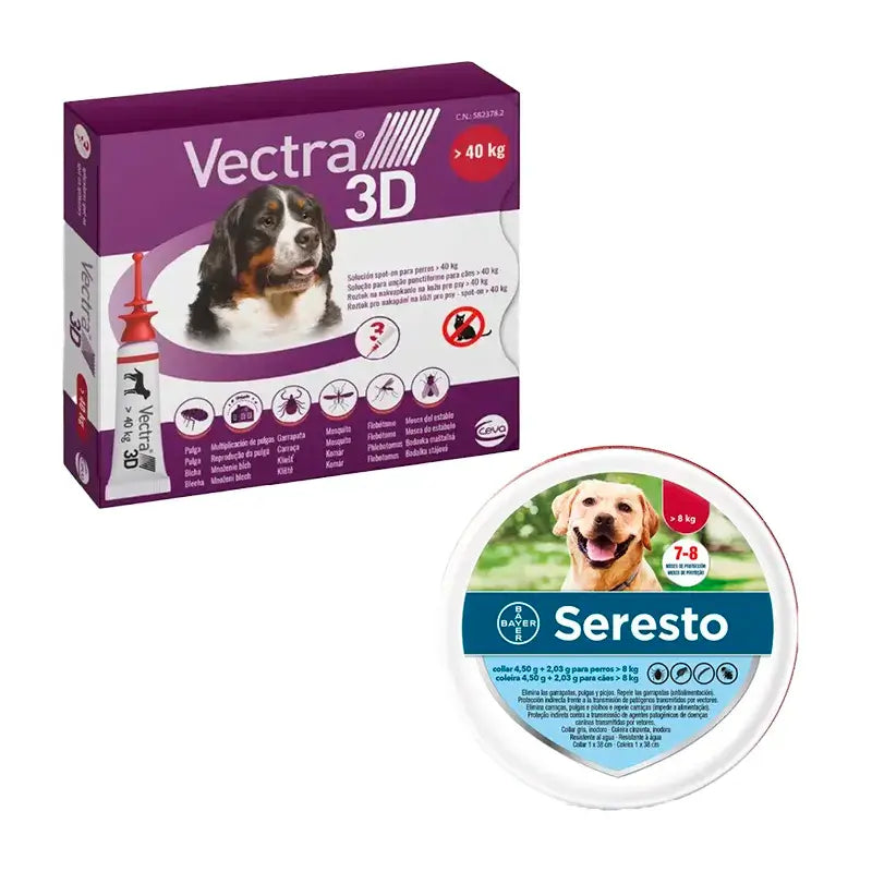 Pack Perros Grandes, Vectra 3D +40 kg 3 Pipetas + Seresto Collar Grande