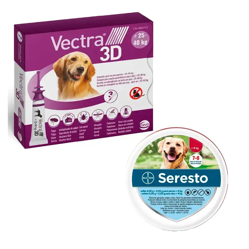 Pack Perros Medianos, Vectra 3D 25-40 kg 3 Pipetas + Seresto Collar Grande