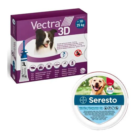 Pack Perros Pequeños-Medianos, Vectra 3D 10-25 kg 3 Pipetas + Seresto Collar Grande