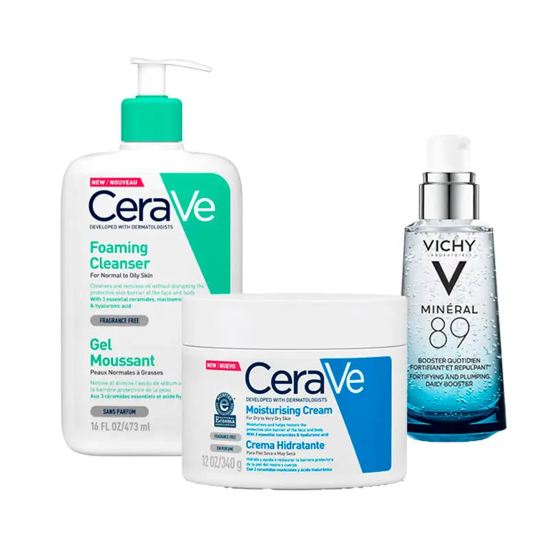 Pack rutina unisex Vichy Mineral 89 50ml +Cerave gel espumoso 473ml+Cerave crema hidratante 340gr