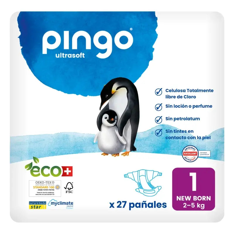 Pingo Pañales Ecológicos Talla 1 New Born (2-5 Kg), 27 Unidades