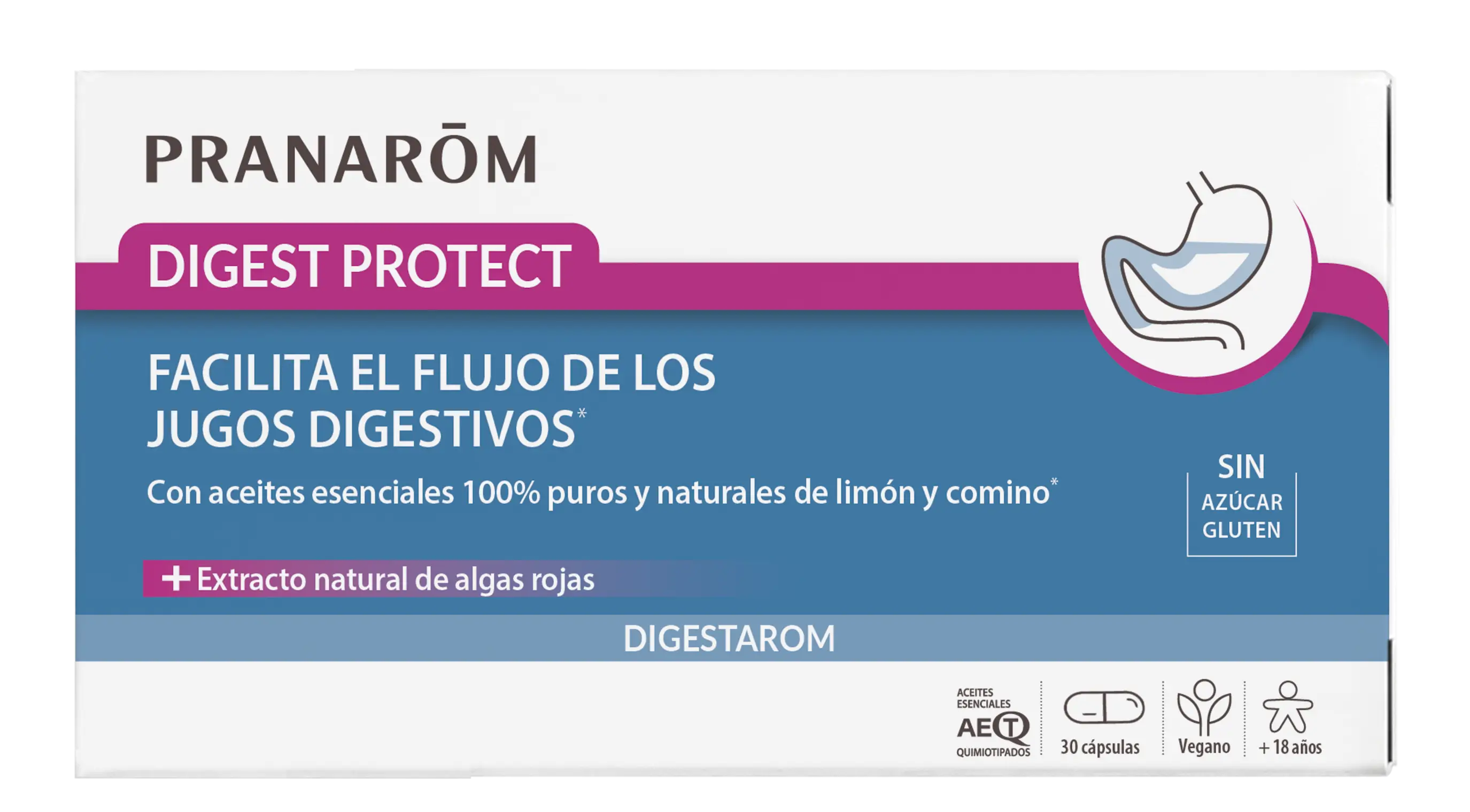 Pranarom Digest Protect  Apoya el flujo de jugos digestivos  Aceites esenciales de limón y comino 100% puros y naturales  Extracto natural de algas rojas  Vegano , 30 cápsulas