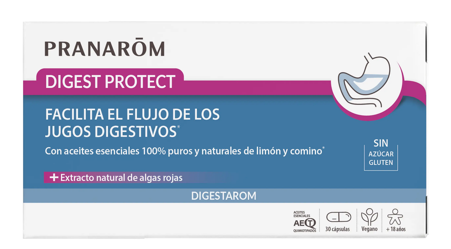 Pranarom Digest Protect  Apoya el flujo de jugos digestivos  Aceites esenciales de limón y comino 100% puros y naturales  Extracto natural de algas rojas  Vegano , 30 cápsulas