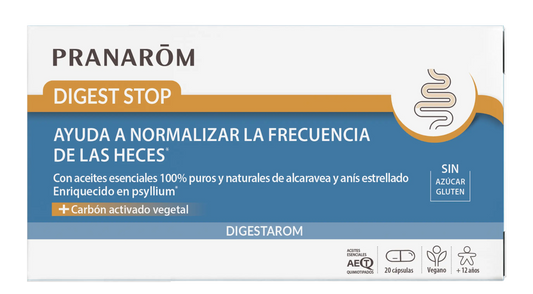 Pranarom Digest Stop  Normalise La Fréquence Des Selles  Aceites Esenciales De Carvi Y Anis Estrellado  100% Puros y Naturales  Carbón Activado Vegetal  Vegano,  20 Cápsulas