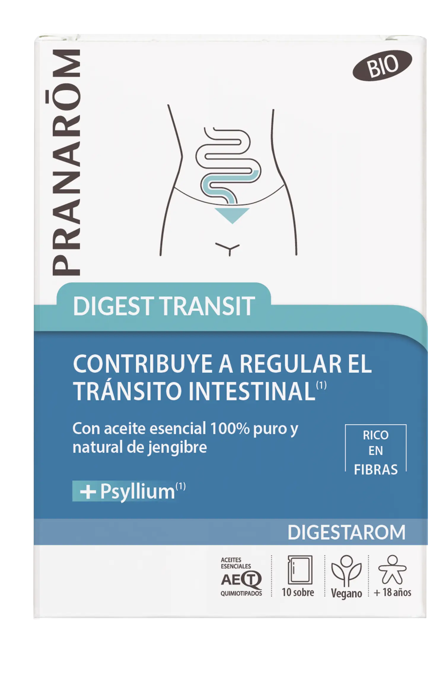 Pranarom Digest Transit  Fluidez de las Heces  Aceite Esencial de Jengibre y Psilio BIO  Vegano ,  10 sobres