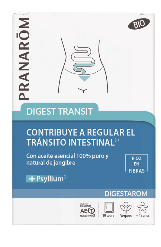 Pranarom Digest Transit  Fluidez de las Heces  Aceite Esencial de Jengibre y Psilio BIO  Vegano ,  10 sobres