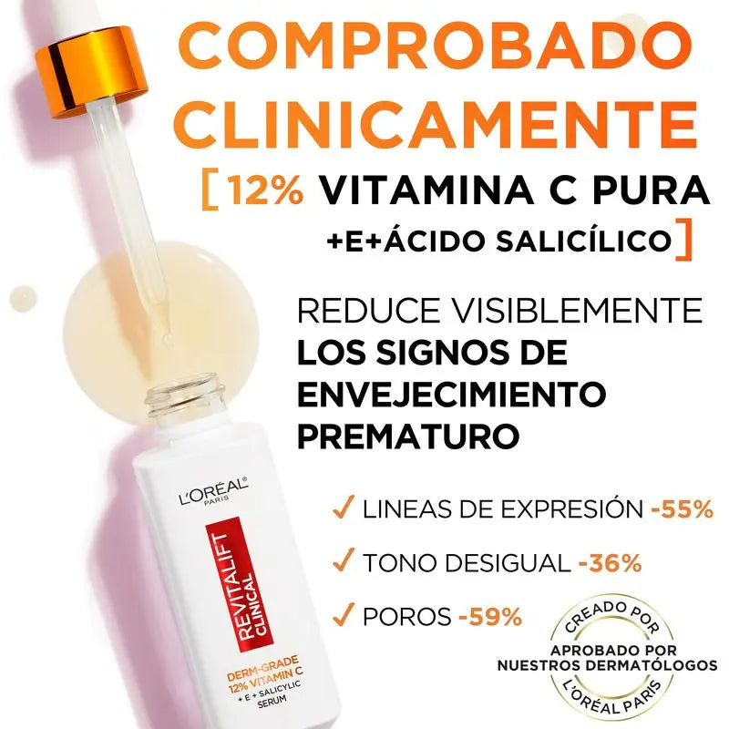 L'Oréal Paris Revitalift Clinical Sérum [Arrugas-Tono-Poros] Con 12% De Vitamina C Pura + Vitamina E + Ácido Salicílico.