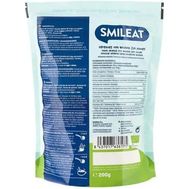 Smileat Papilla de Cereales Sin Gluten con Quinoa Ecológica, 200g