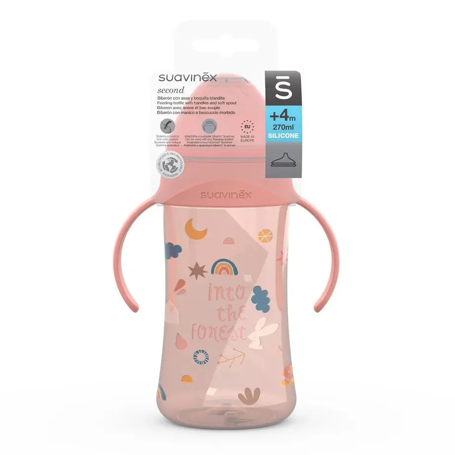 Suavinex Biberón Con Asas Second 270Ml. Con Boquilla Antiderrame De Silicona. Para Bebés +4 Meses, Color Rosa