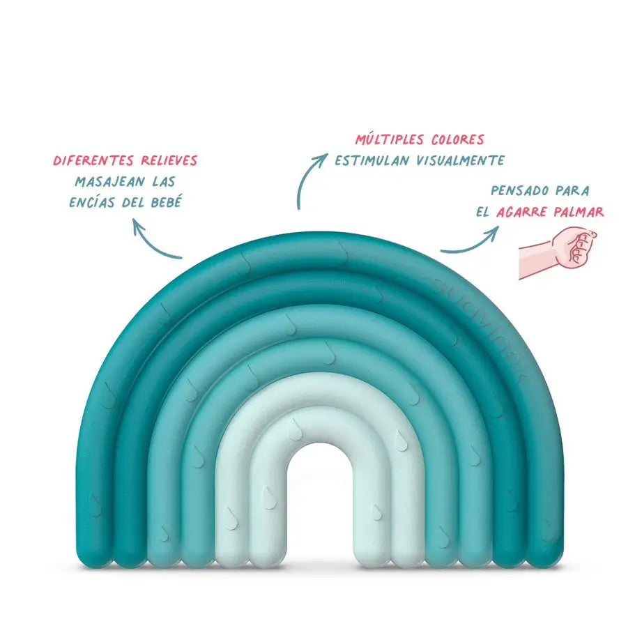 Suavinex Mordedor De Silicona Para Bebés +0 Meses. Anillo De Dentición Flexible Y Ligero. Diseño Arcoiris. Color Azul 