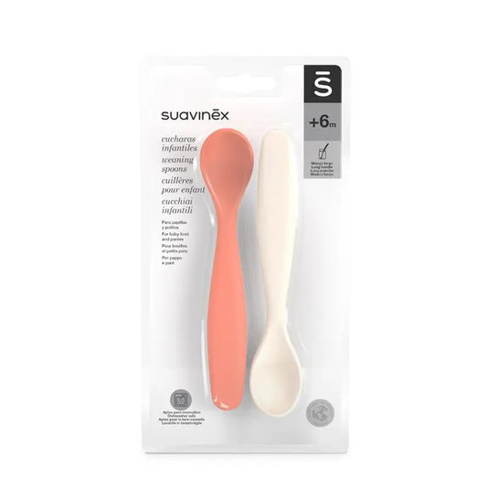 Suavinex Pack 2 Cucharas Infantiles. Aptas Para Encías Sensibles. Ideal Para Papillas Y Potitos. +4 Meses, Coral + Gris