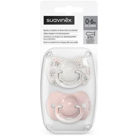 Suavinex Pack Chupetes Rosa Con Tetina Fisiológica De Silicona Sx Pro, 0-6 Meses, 2 unidades