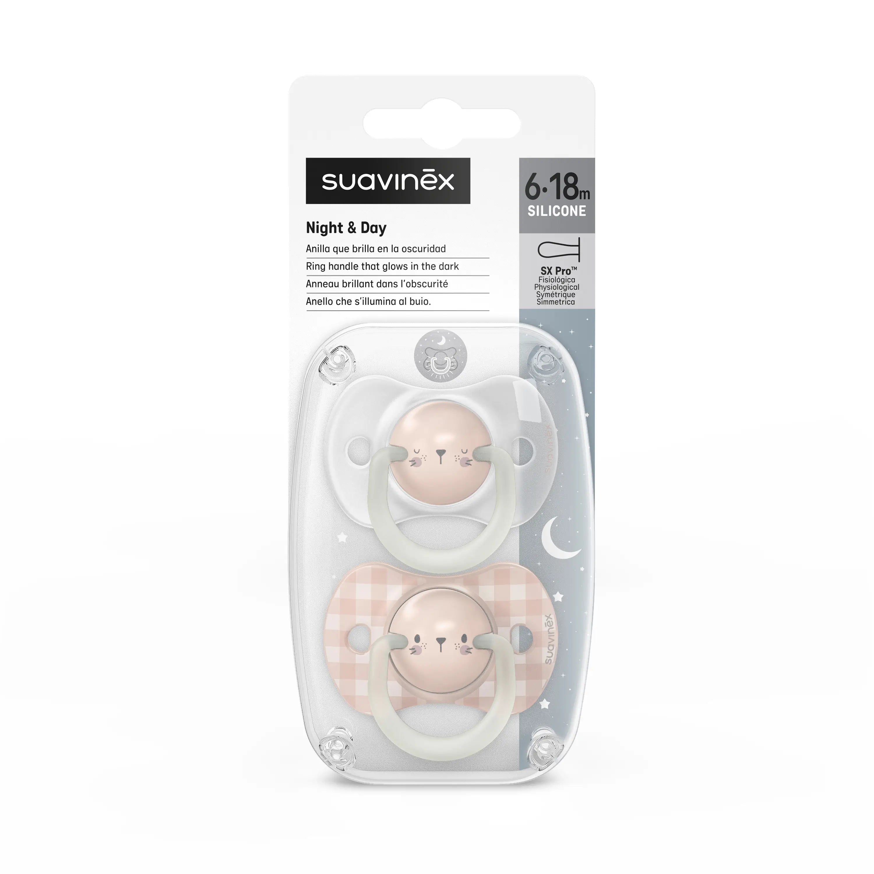 Suavinex Pack Chupetes Rosa Que Brillan En La Oscuridad, De 6-18 Meses, 2 unidades