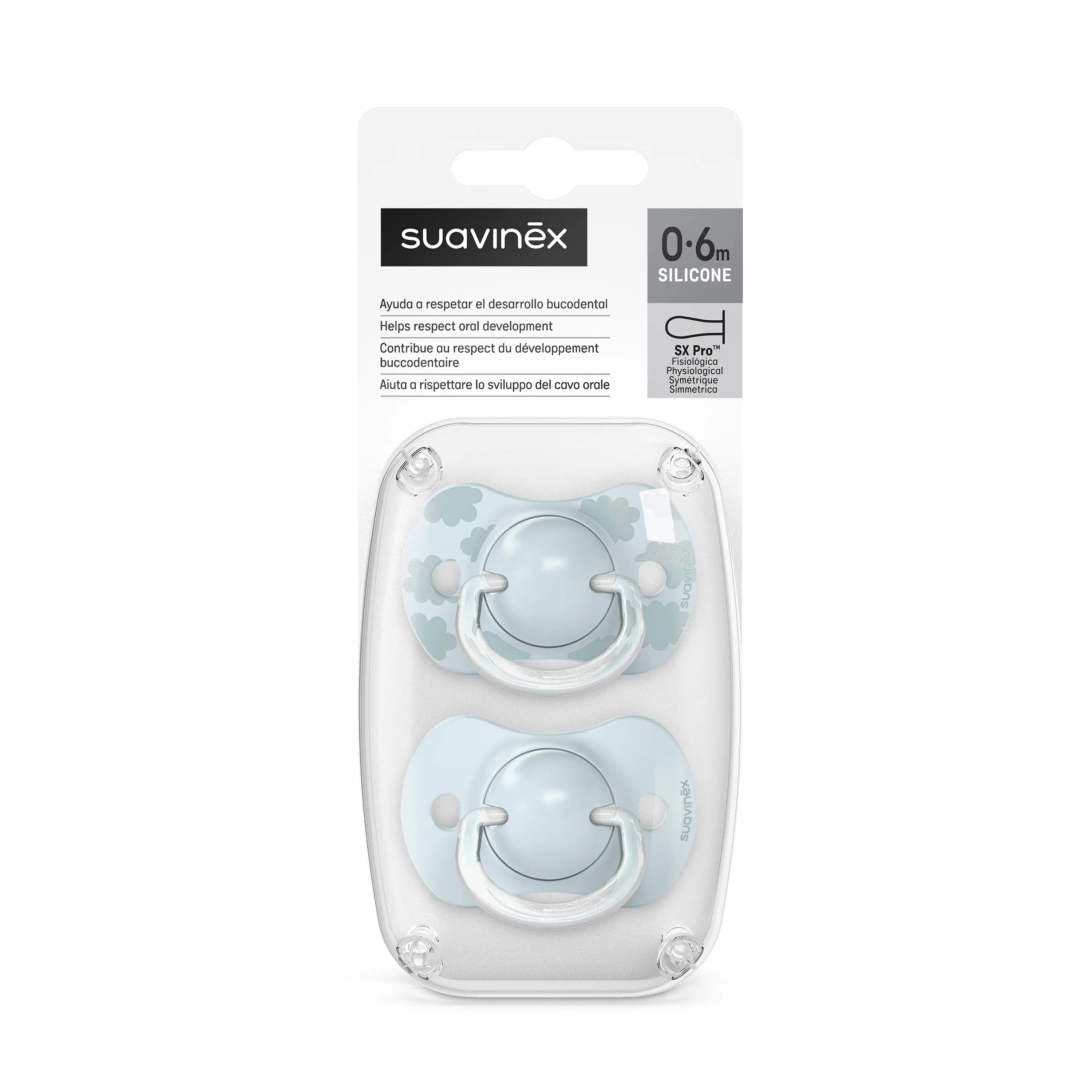 Suavinex Pack De 2 Chupetes Azul Con Tetina Fisiológica De Silicona Sx Pro, 0-6 Meses, 2 unidades