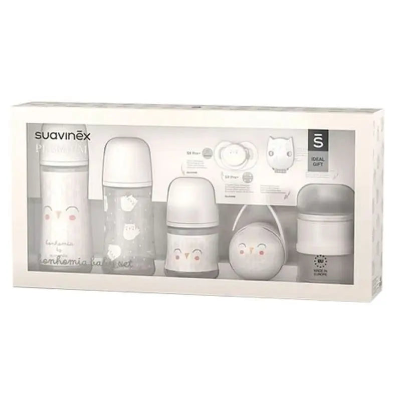 Suavinex Set Biberón 150 Ml + 270 Ml + 360 Ml + Chupete 0-6 Meses + Dosificador + Portachupetes + Broche Pinza. Bonhomia, Gris