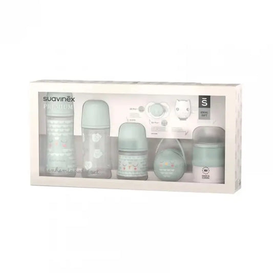 Suavinex Set Biberón 150 Ml + 270 Ml + 360 Ml + Chupete 0-6 Meses + Dosificador + Portachupetes + Broche Pinza. Bonhomia, Verde