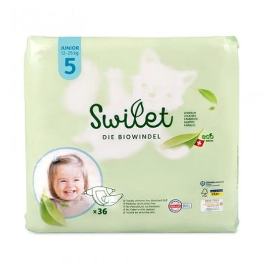 Swilet Pañales Ecológicos  Talla 5 Junior, (12-25 Kg) 36 Unidades