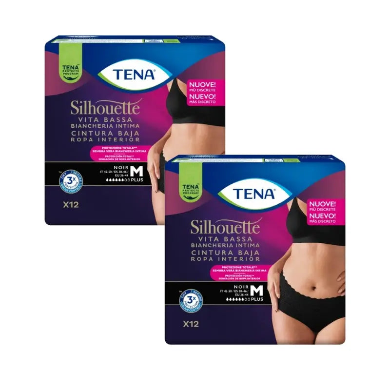 Tena Pack Silhouette Normal Negra Cintura Baja Talla M, 2 X 10 Unidades