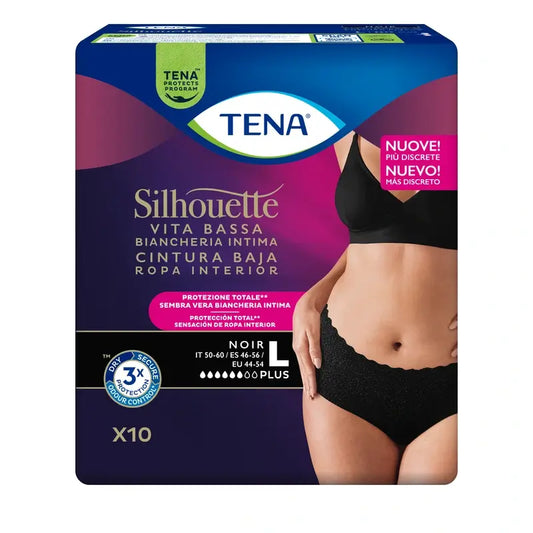 Tena Silhouette Negro Cintura Baja Grande , 10 unidades