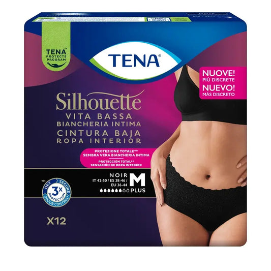 Tena Silhouette Negro Cintura Baja Mediano , 12 unidades