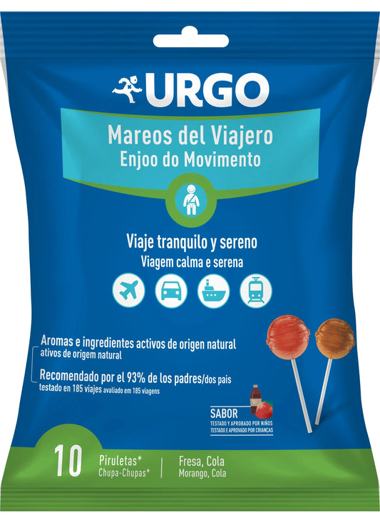 Urgo Primeros Auxilios Mareos Del Viajero - 10 Piruletas (Fresa Y Cola), 10 unidades