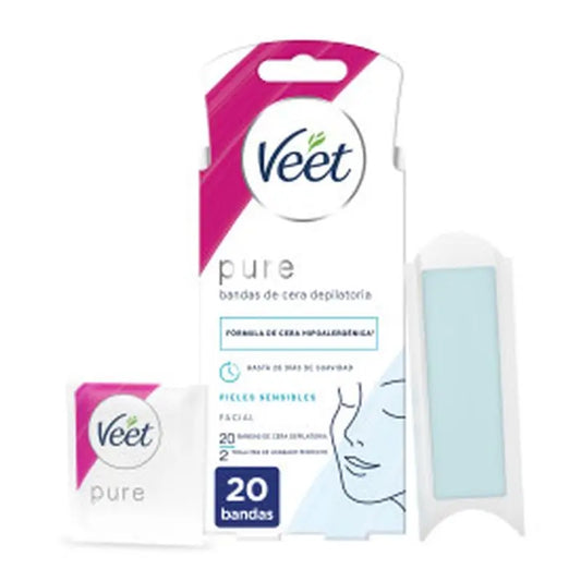 Veet Pure Bandas Cera Fria Facial Pieles Sensibles, 20 Unidades